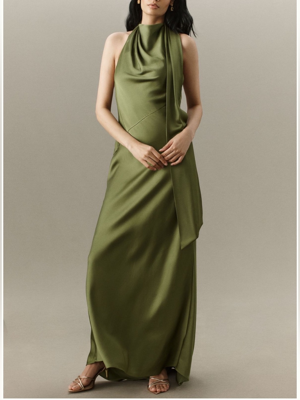 Satin Halter Maxi Dress in Olive Green with Draped Sash